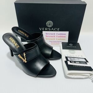 Versace Virtus Size 38 US 8  Black Leather Mule Heel Sandals NIB $900